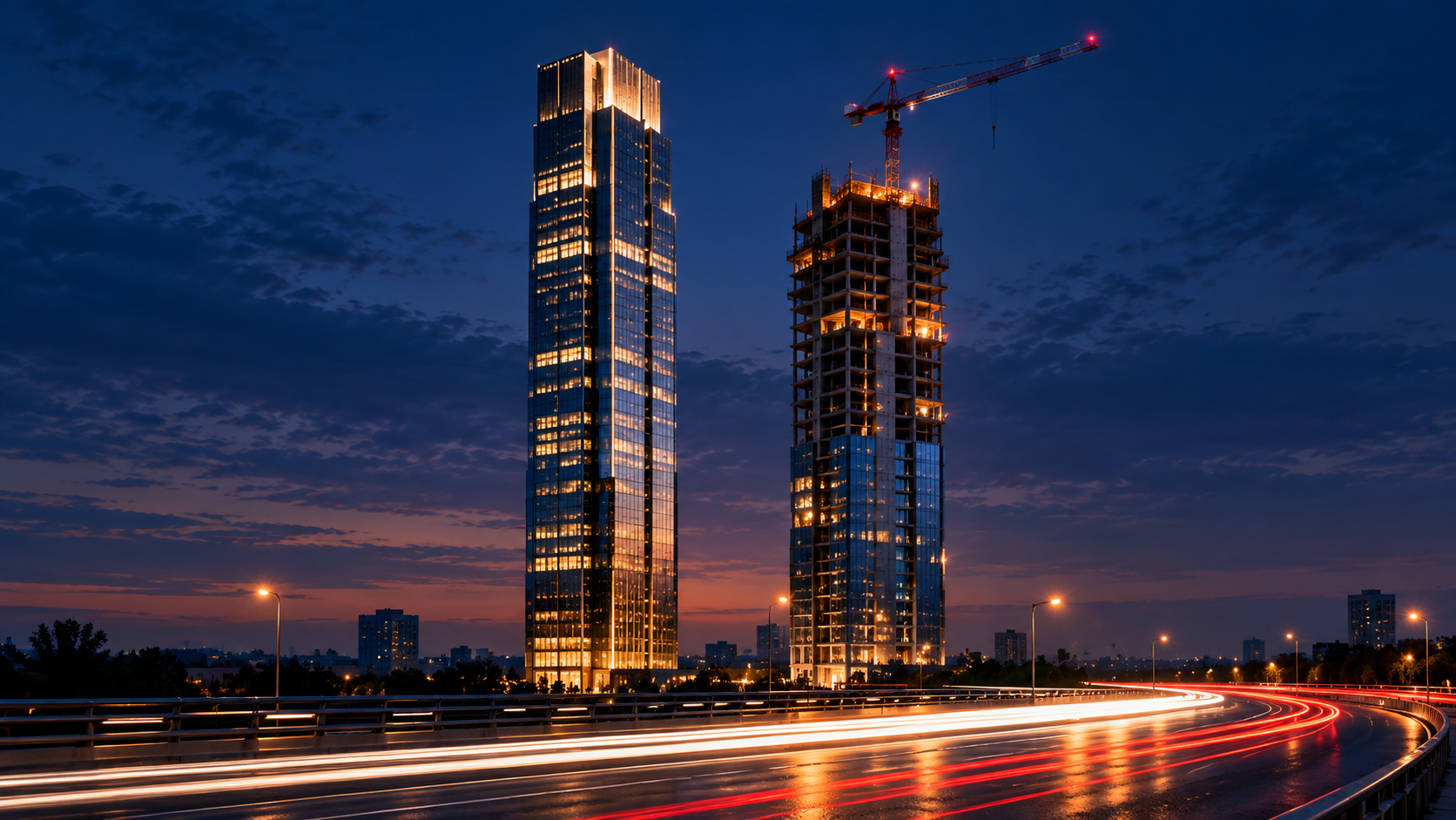 Gratte-ciel modernes en construction et bâtiments illuminés à la tombée de la nuit, illustrant l'équilibre entre innovation et pérennité des infrastructures.